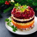 Layered beetroot shuba salad. Dressed herring, herring under a fur coat