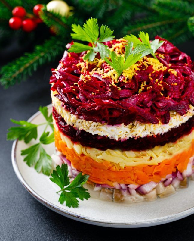 Layered beetroot shuba salad. Dressed herring, herring under a fur coat