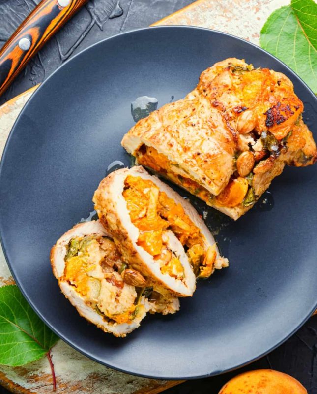 Meat baked in apricot sauce, summer meat dish.
