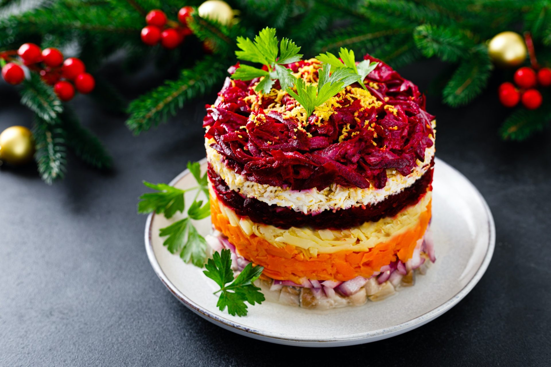 Layered beetroot shuba salad. Dressed herring, herring under a fur coat